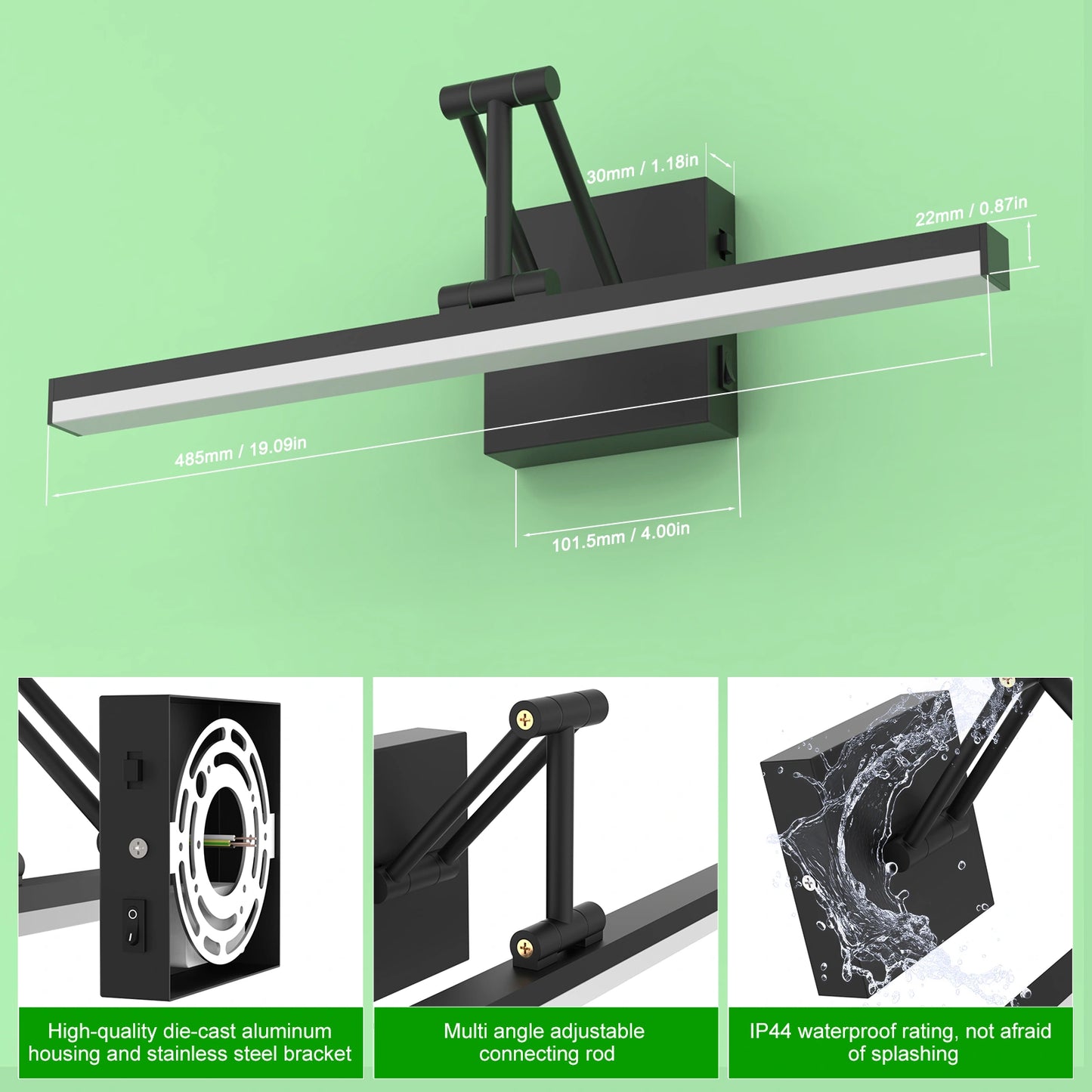 19.09 Inch 3CCT Dimmable Led Bathroom Vanity Lighting With Telescopic Bracket SY-V015-BLACK