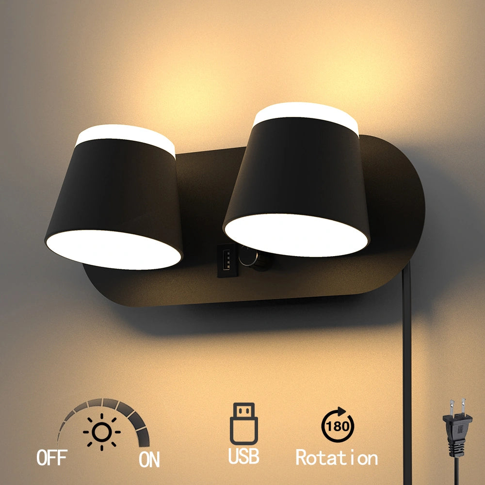 12W Bedroom Reading Lights Plug In Wall Lamp With Usb Port