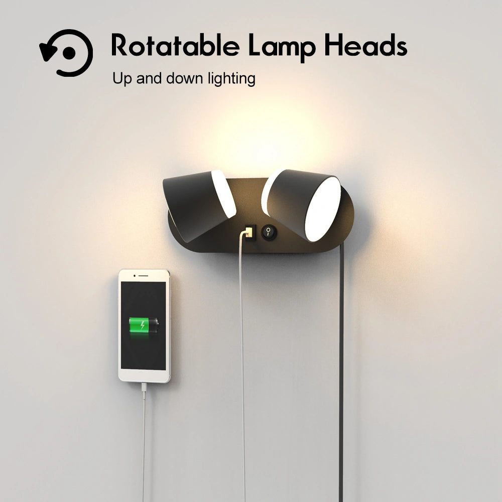 12W Bedroom Reading Lights Plug In Wall Lamp With Usb Port