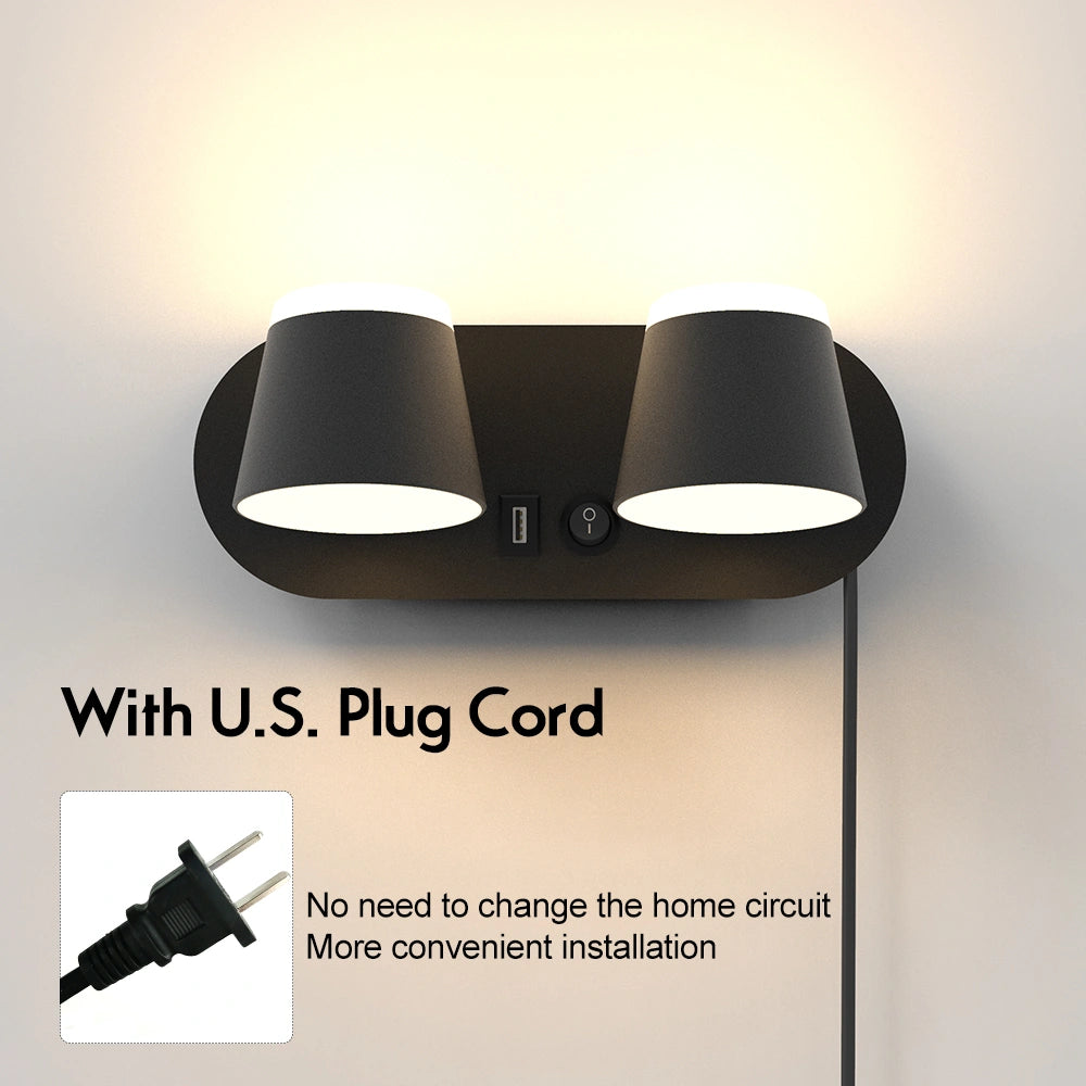 12W Bedroom Reading Lights Plug In Wall Lamp With Usb Port